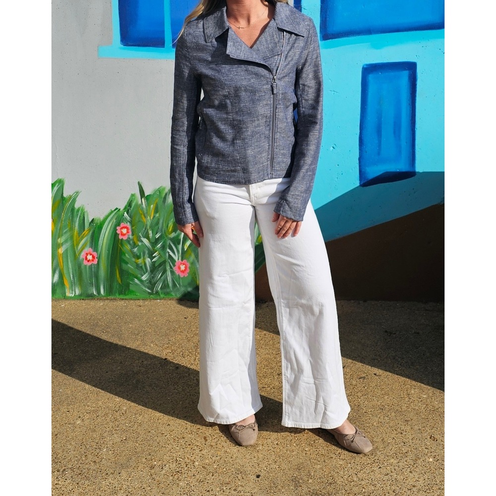 Max Studio Blue Linen Blend Moto Jacket Asymmetrical Zip Chambray Style Small